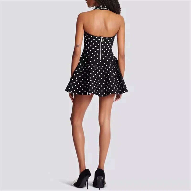 Womens dresses 2024 Summer New Dot Print Hanging Neck Dress Elastic knitted slim sleeveless mini skirt Metal button Long dress - KIMLUD