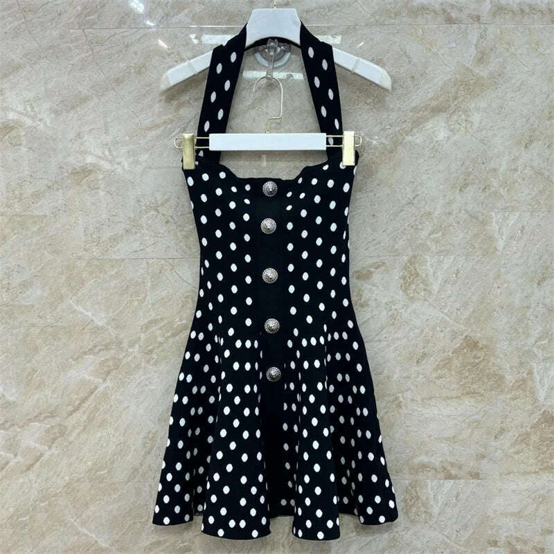 Womens dresses 2024 Summer New Dot Print Hanging Neck Dress Elastic knitted slim sleeveless mini skirt Metal button Long dress - KIMLUD