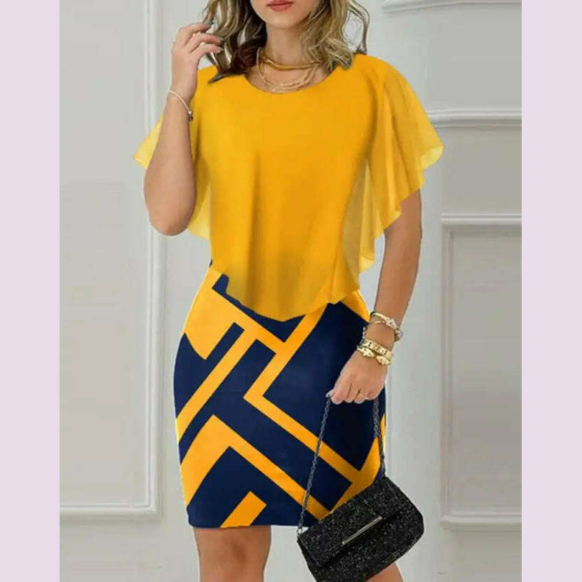 Womens Dresses Summer Fashion Cloak Sleeve Contrast Sequin Slit Casual Round Neck Half Sleeve Plain Daily Bodycon Midi Dress - KIMLUD