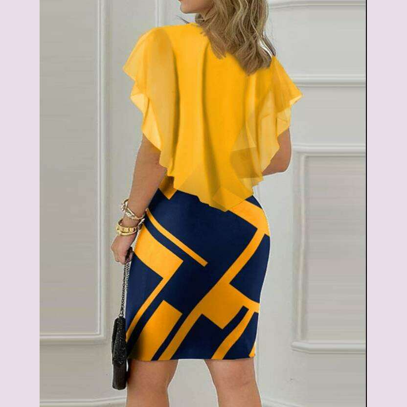 Womens Dresses Summer Fashion Cloak Sleeve Contrast Sequin Slit Casual Round Neck Half Sleeve Plain Daily Bodycon Midi Dress - KIMLUD