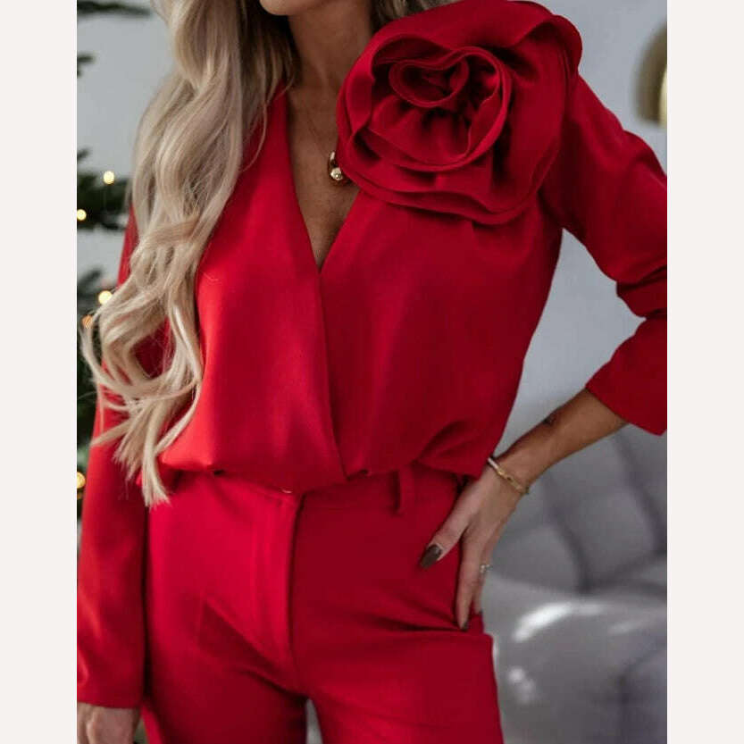 Women's Elegant Rose Detail Long Sleeve Overlap Top Temperament Commuting Female Clothing Woman Fashion V-Neck Casual Blouses - KIMLUD