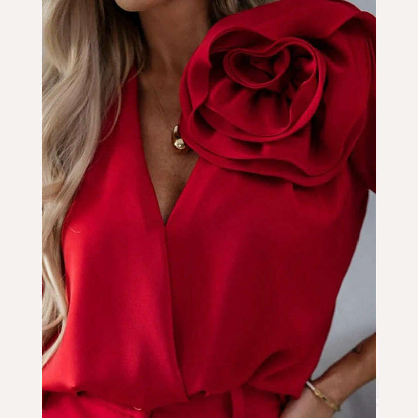 Women's Elegant Rose Detail Long Sleeve Overlap Top Temperament Commuting Female Clothing Woman Fashion V-Neck Casual Blouses - KIMLUD