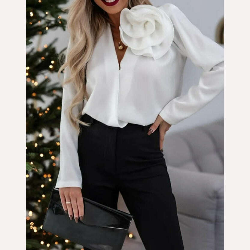 Women's Elegant Rose Detail Long Sleeve Overlap Top Temperament Commuting Female Clothing Woman Fashion V-Neck Casual Blouses - KIMLUD