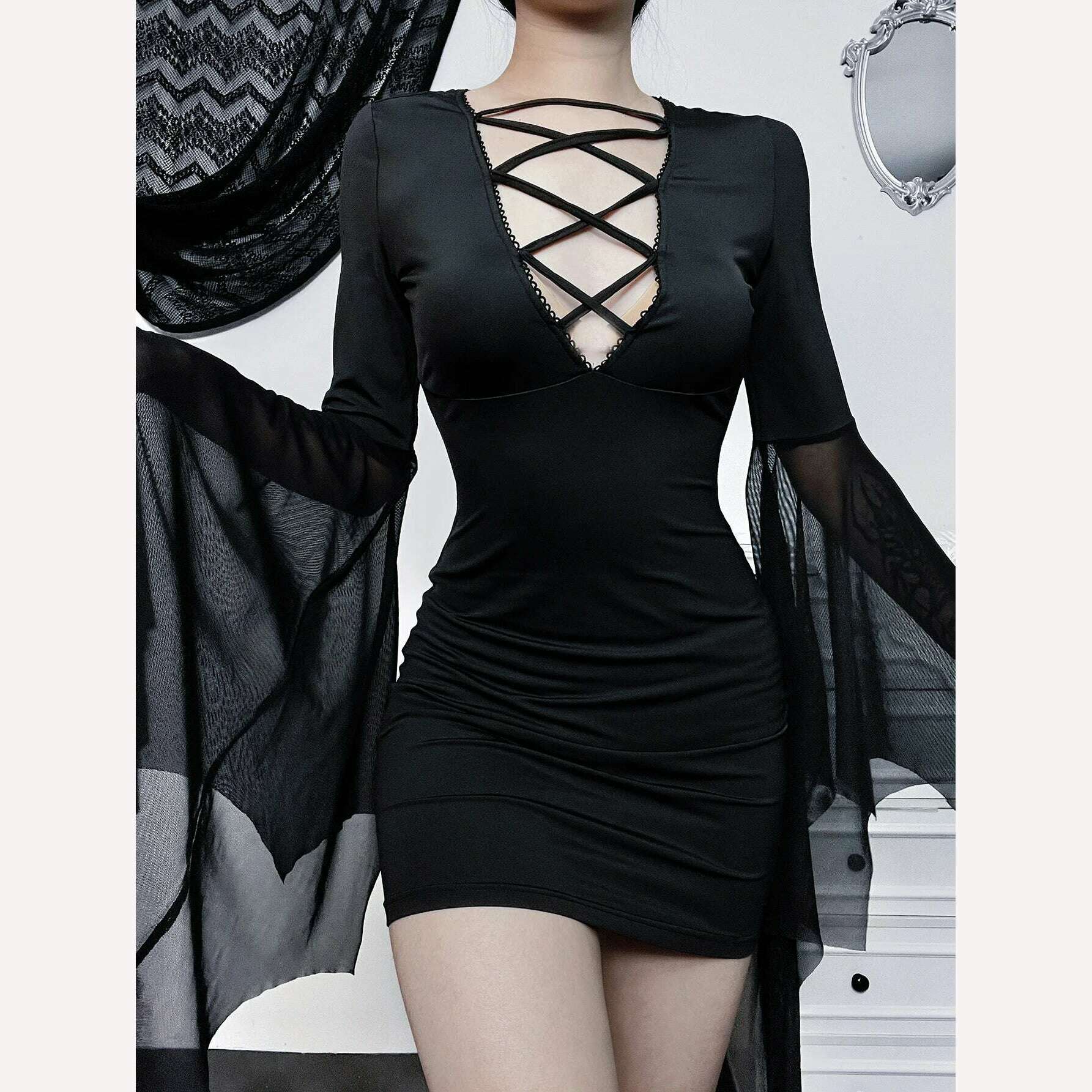 KIMLUD, Women's Elegant Short Dress Package Hip Long Sleeve Flared Sleeve Skirt Women Temperament Elegant Hottie Bandage Slim Dresses, KIMLUD Womens Clothes