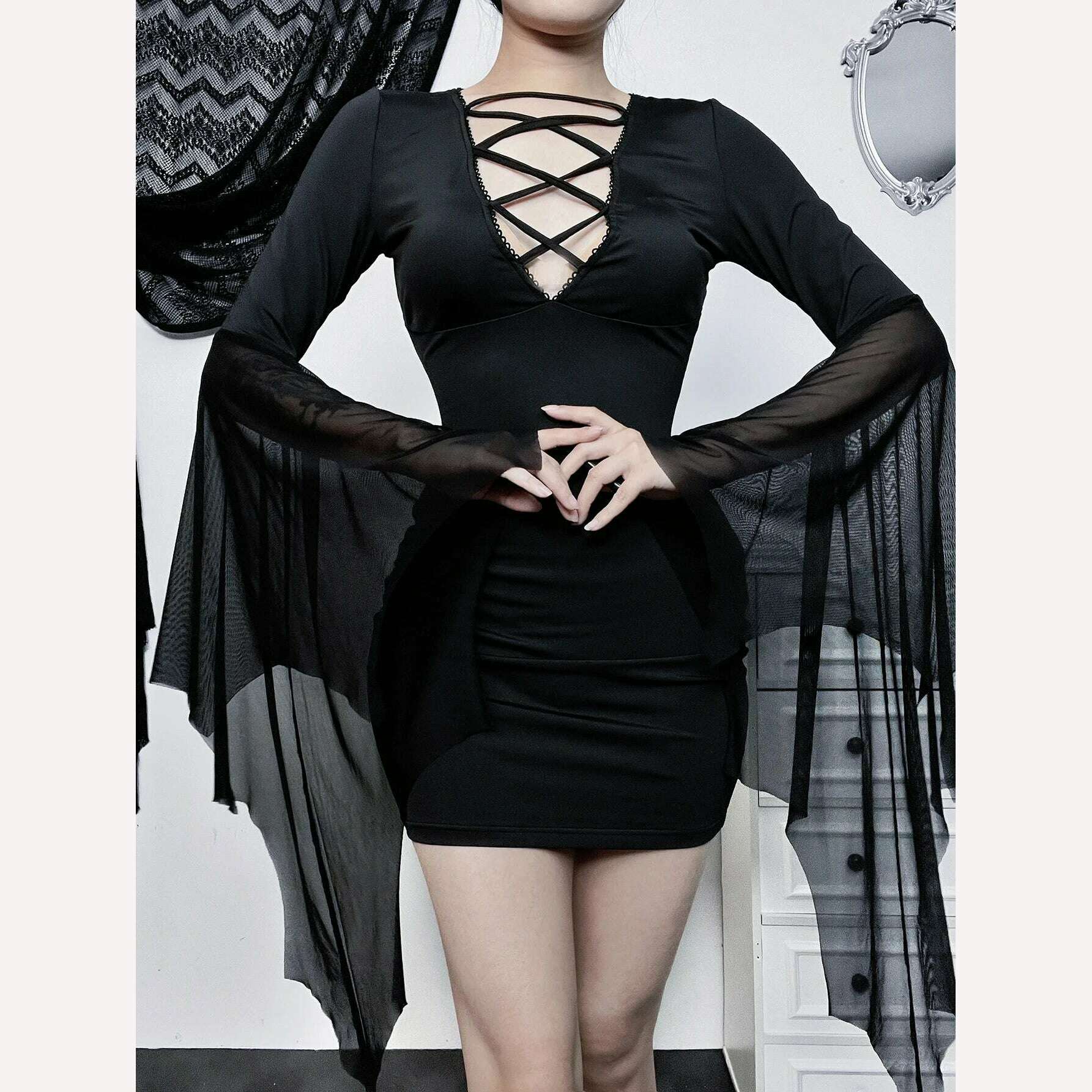 KIMLUD, Women's Elegant Short Dress Package Hip Long Sleeve Flared Sleeve Skirt Women Temperament Elegant Hottie Bandage Slim Dresses, KIMLUD Womens Clothes