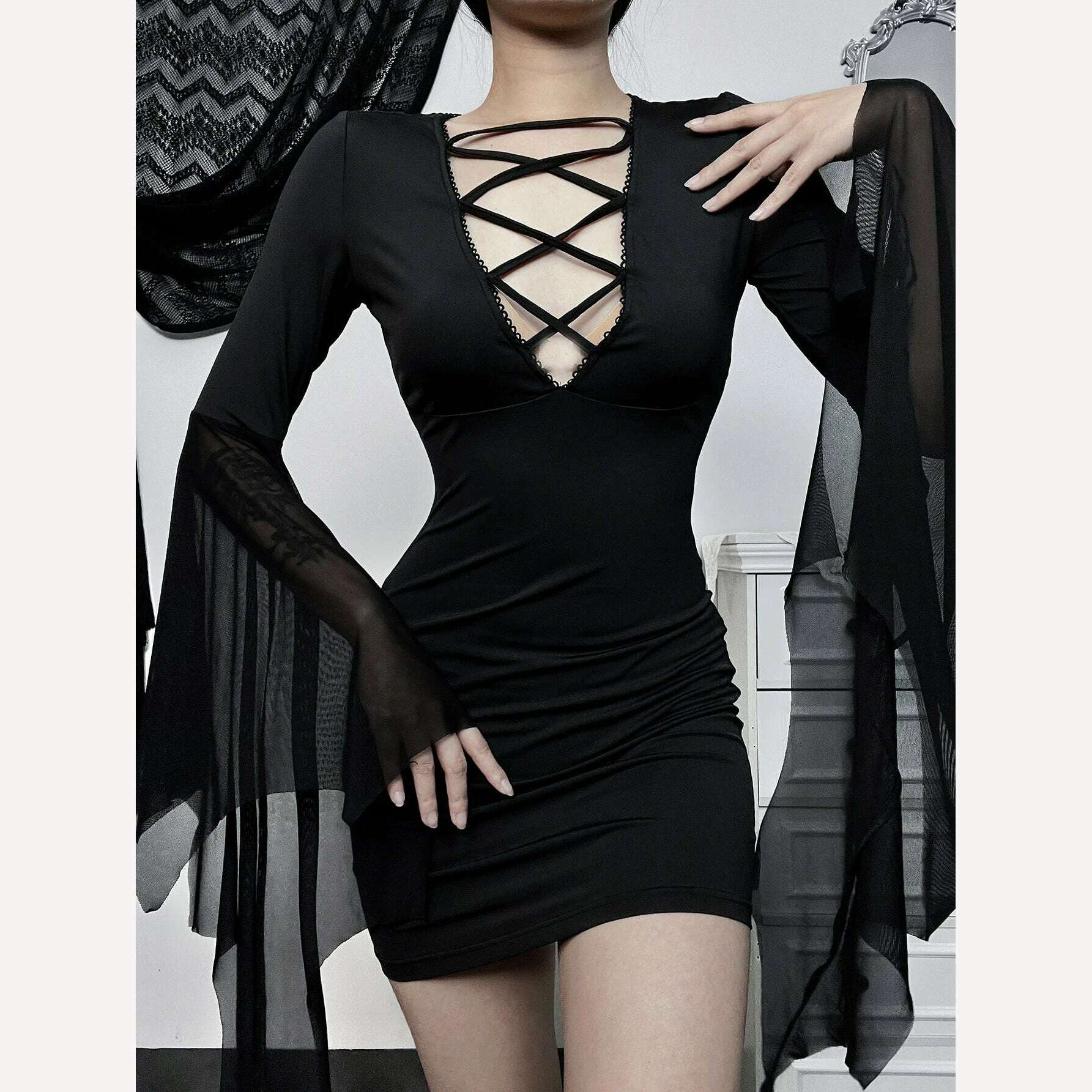 KIMLUD, Women's Elegant Short Dress Package Hip Long Sleeve Flared Sleeve Skirt Women Temperament Elegant Hottie Bandage Slim Dresses, KIMLUD Womens Clothes