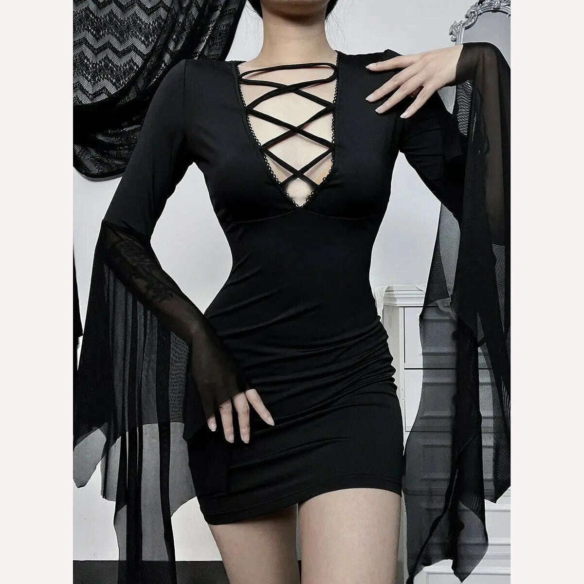KIMLUD, Women's Elegant Short Dress Package Hip Long Sleeve Flared Sleeve Skirt Women Temperament Elegant Hottie Bandage Slim Dresses, black / S, KIMLUD APPAREL - Womens Clothes