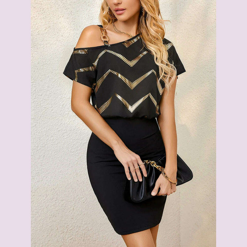 KIMLUD, Women's fashion casual diagonal shoulder striped splicing bag arm woven mid-length dress, KIMLUD Womens Clothes