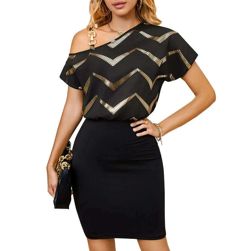 KIMLUD, Women's fashion casual diagonal shoulder striped splicing bag arm woven mid-length dress, black / M, KIMLUD APPAREL - Womens Clothes