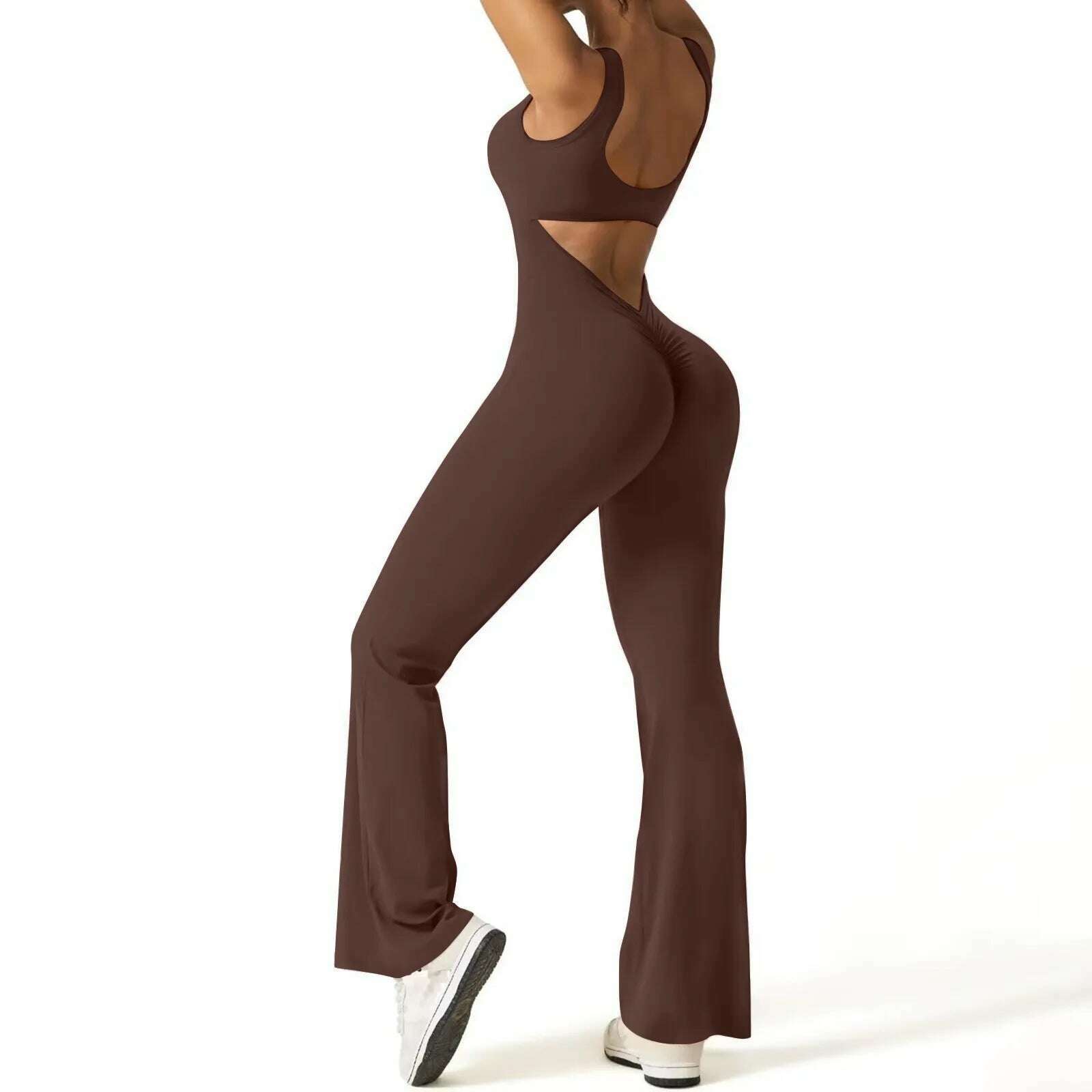 KIMLUD, Women's Fashion Jumpsuit Solid Color Sexy Backless Tight Fitting Clothing Elastic Sports Sleeveless Jumpsuit комбинезон женский, Brown / L, KIMLUD APPAREL - Womens Clothes