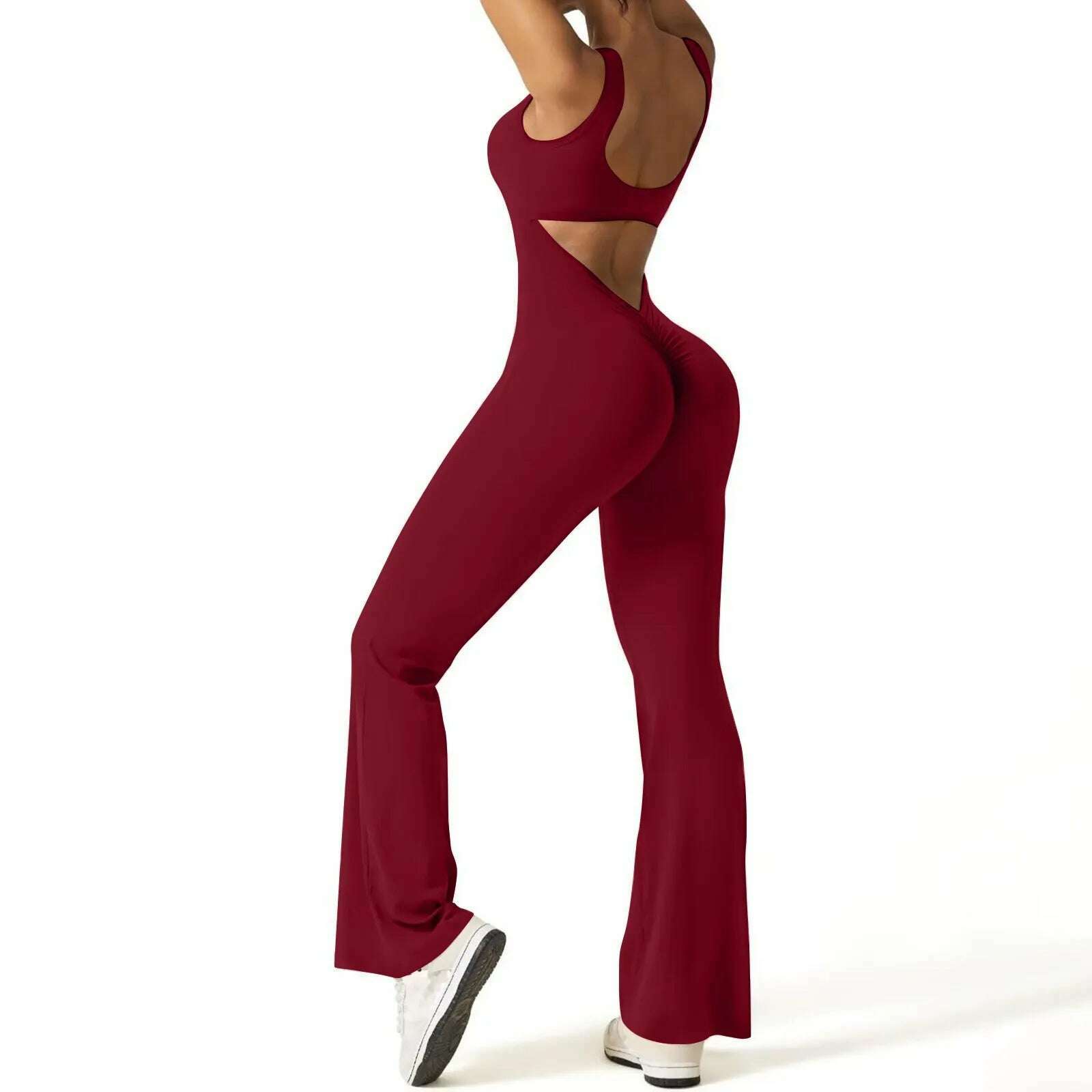 KIMLUD, Women's Fashion Jumpsuit Solid Color Sexy Backless Tight Fitting Clothing Elastic Sports Sleeveless Jumpsuit комбинезон женский, Wine / L, KIMLUD APPAREL - Womens Clothes