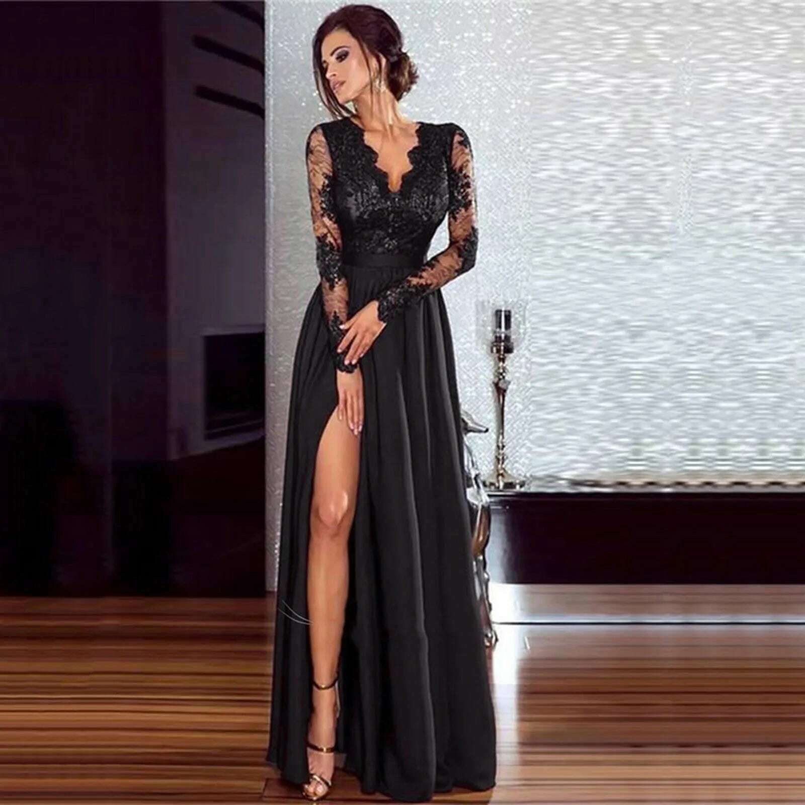 KIMLUD, Women's Fashion Sexy Lace Splicing Gowns Dresses V Neck High Waisted Cocktail Dresses Black High Split Evening Party Dresses, Black / XL, KIMLUD APPAREL - Womens Clothes
