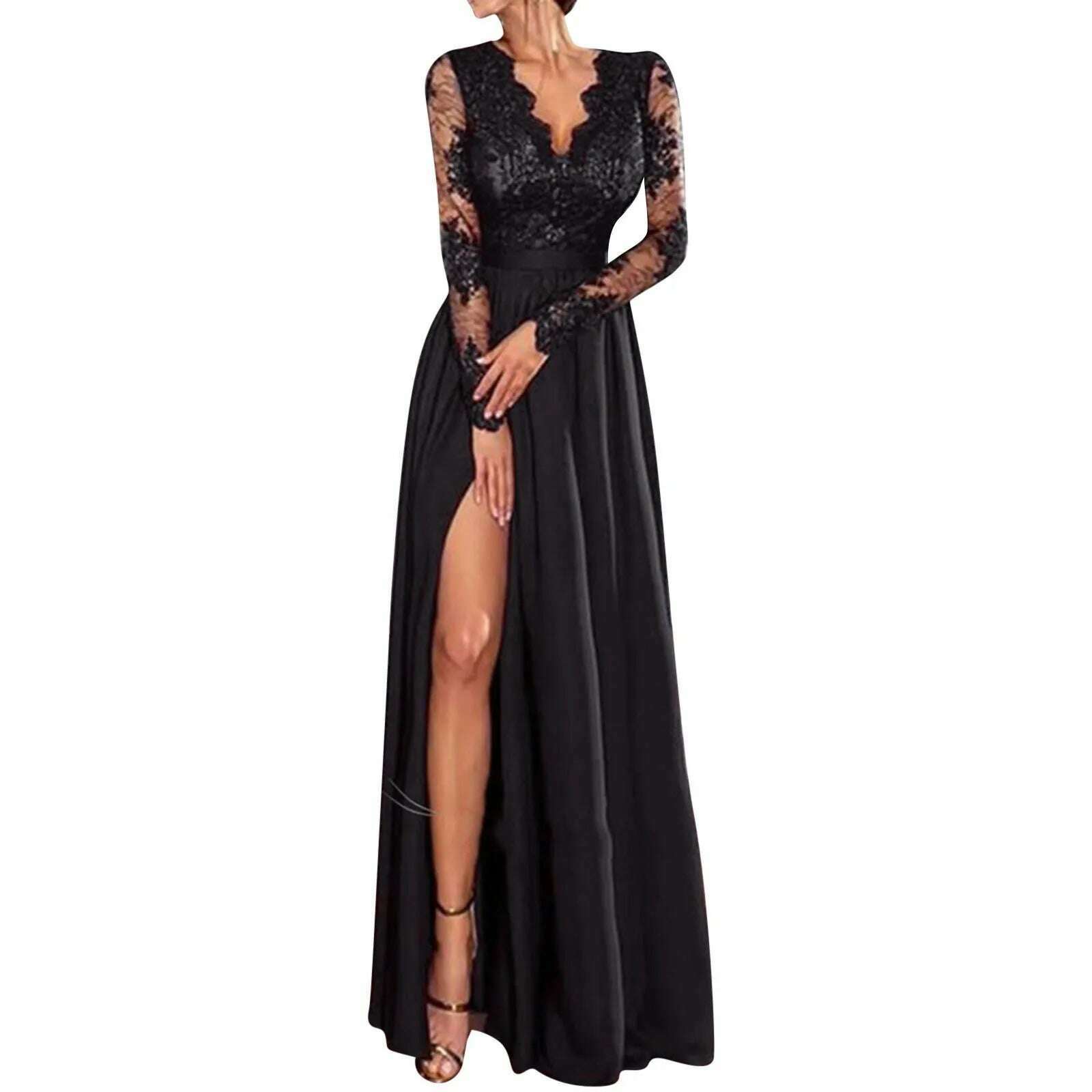 KIMLUD, Women's Fashion Sexy Lace Splicing Gowns Dresses V Neck High Waisted Cocktail Dresses Black High Split Evening Party Dresses, KIMLUD Womens Clothes
