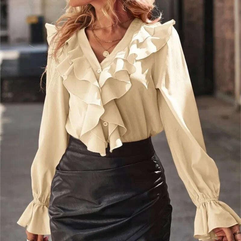 KIMLUD, Women's Fashion Spring And Autumn New Rose Red V-Neck Long Sleeve Ruffle Edge Single Breasted Elegant Office Shirt Women Tops, KIMLUD Womens Clothes