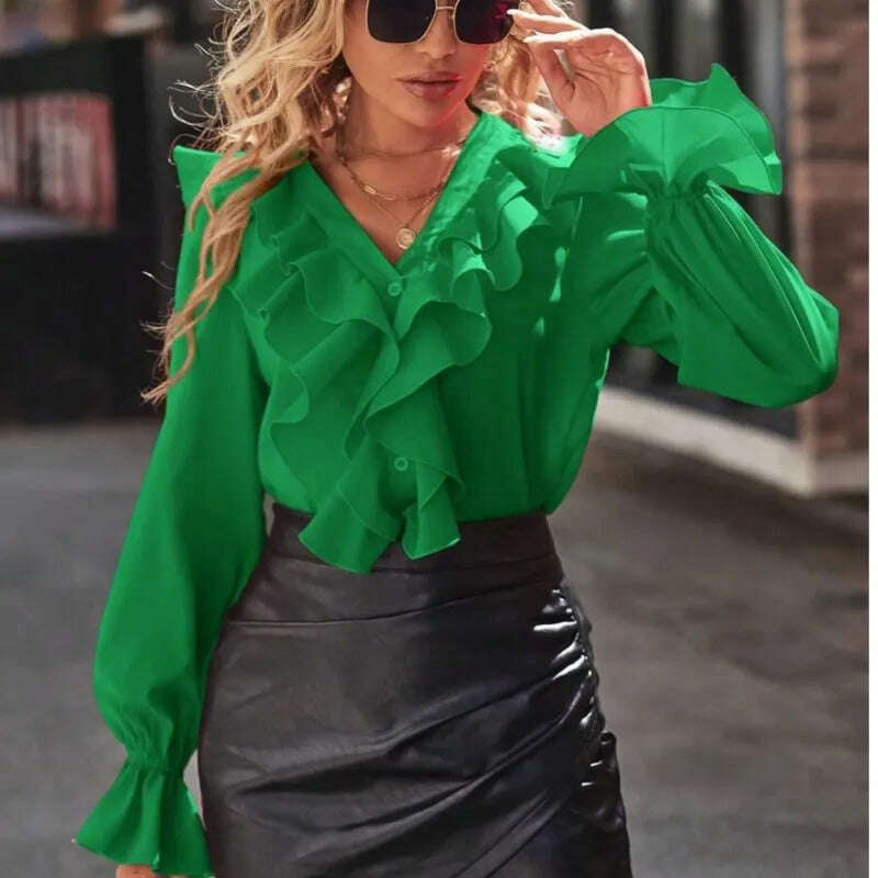 KIMLUD, Women's Fashion Spring And Autumn New Rose Red V-Neck Long Sleeve Ruffle Edge Single Breasted Elegant Office Shirt Women Tops, KIMLUD Womens Clothes