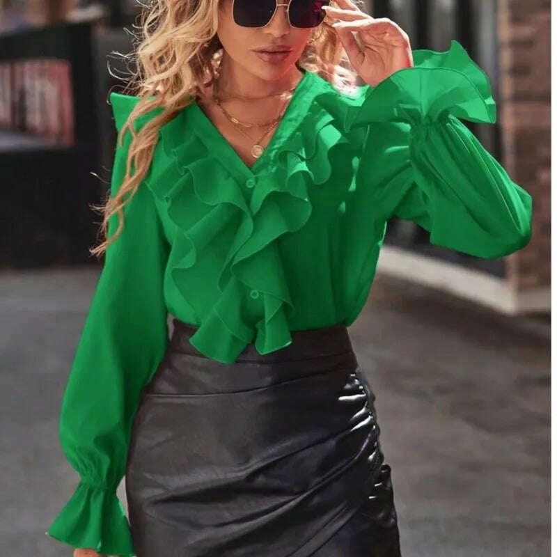 KIMLUD, Women's Fashion Spring And Autumn New Rose Red V-Neck Long Sleeve Ruffle Edge Single Breasted Elegant Office Shirt Women Tops, KIMLUD Womens Clothes
