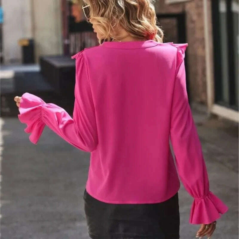 KIMLUD, Women's Fashion Spring And Autumn New Rose Red V-Neck Long Sleeve Ruffle Edge Single Breasted Elegant Office Shirt Women Tops, KIMLUD Womens Clothes