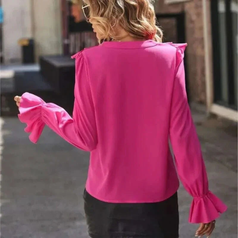 KIMLUD, Women's Fashion Spring And Autumn New Rose Red V-Neck Long Sleeve Ruffle Edge Single Breasted Elegant Office Shirt Women Tops, KIMLUD Womens Clothes