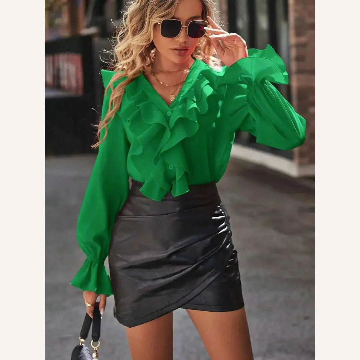 KIMLUD, Women's Fashion Spring And Autumn New Rose Red V-Neck Long Sleeve Ruffle Edge Single Breasted Elegant Office Shirt Women Tops, KIMLUD Womens Clothes