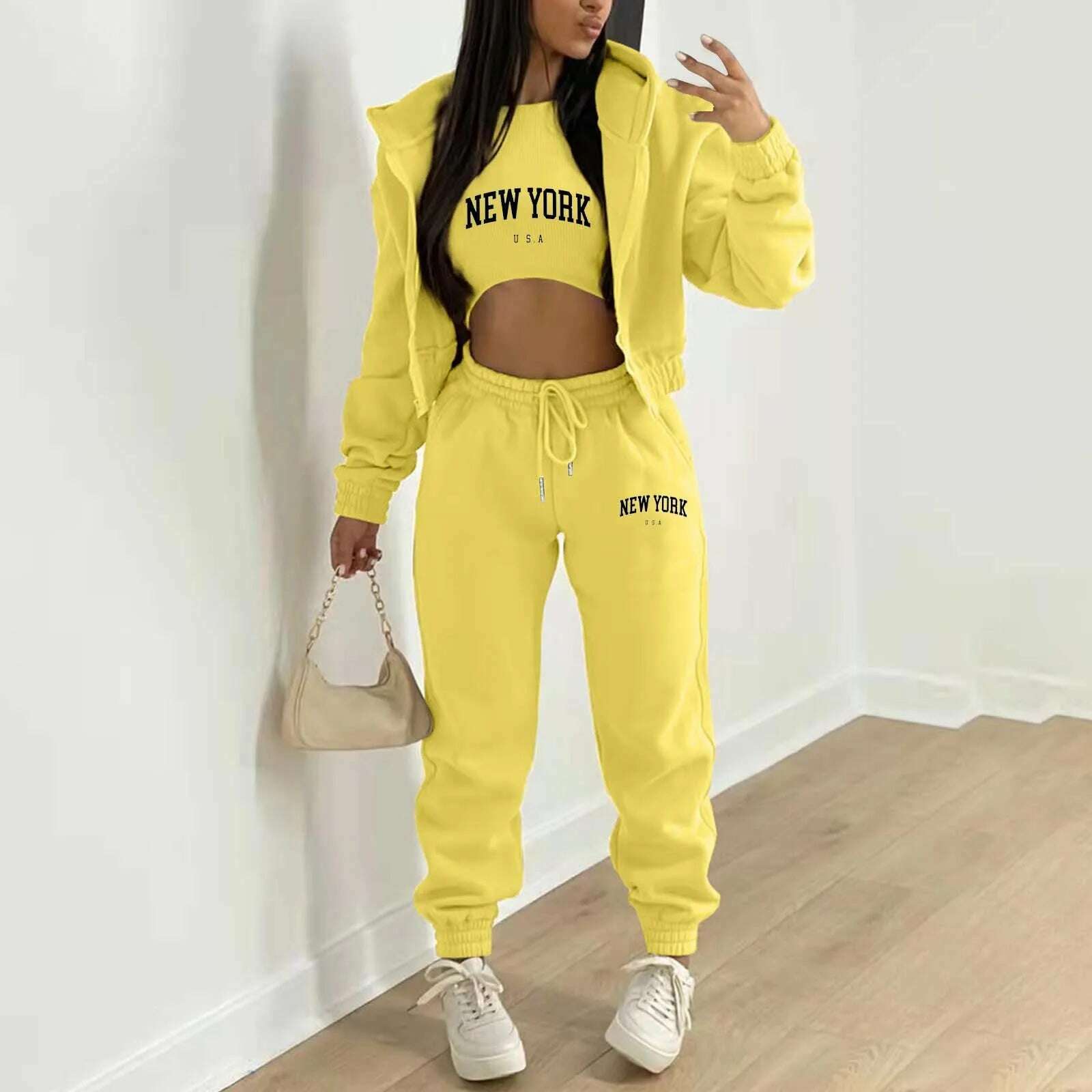 KIMLUD, Women's Fleece Suit 3 Piece Set Tracksuit Zipper Sweatshirt Coat Tank Tops Pants Suits Sportswear Jogging Outfits Streetwear, Yellow / S / CN, KIMLUD APPAREL - Womens Clothes
