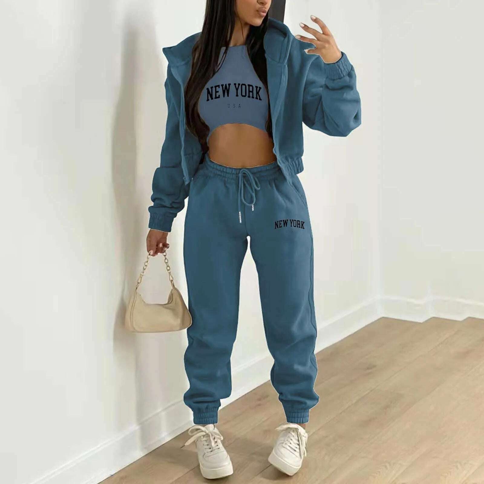 KIMLUD, Women's Fleece Suit 3 Piece Set Tracksuit Zipper Sweatshirt Coat Tank Tops Pants Suits Sportswear Jogging Outfits Streetwear, Navy / S / United States, KIMLUD APPAREL - Womens Clothes