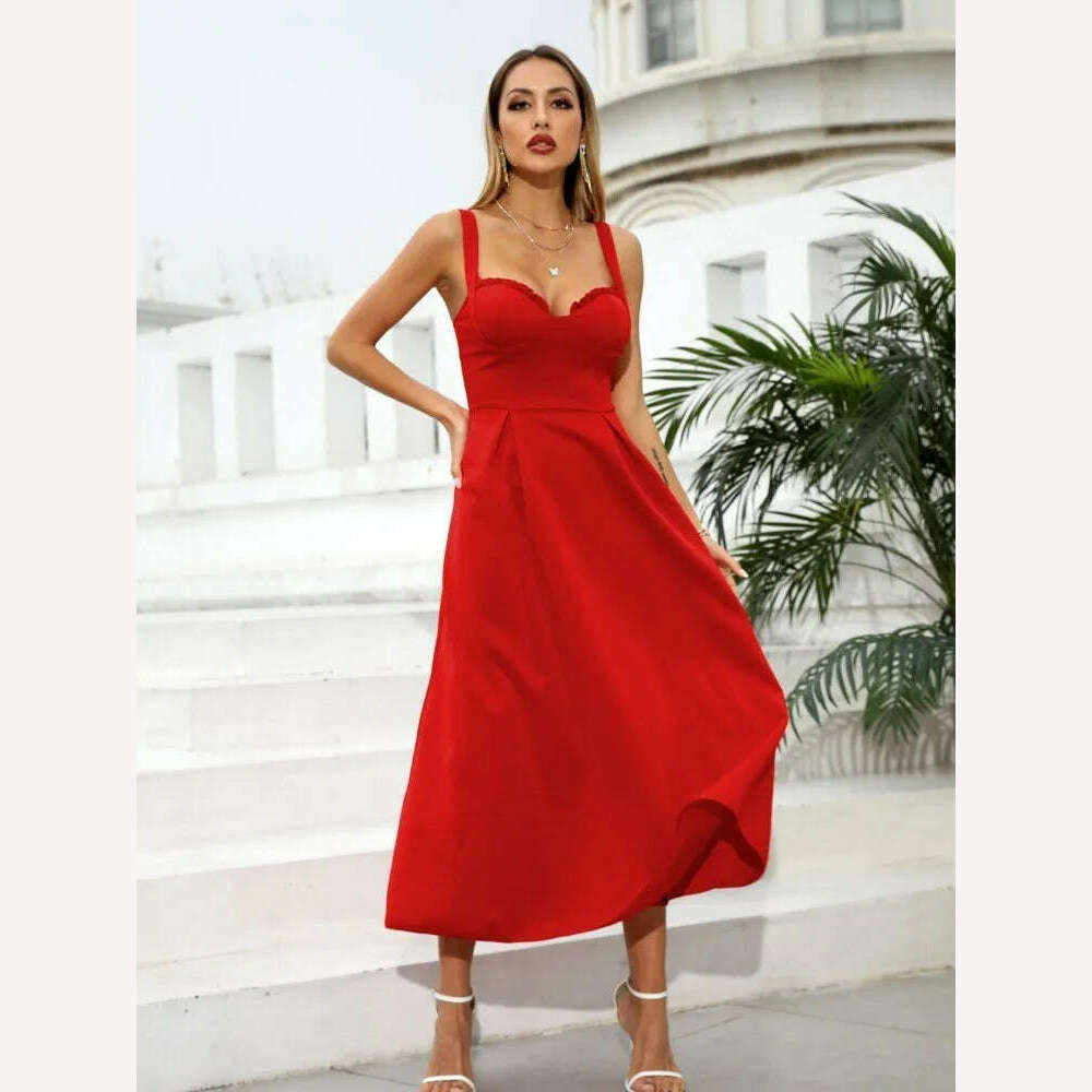 KIMLUD, Women's Formal Wrap Red Midi Dress V Neck Sleeveless Summer Ladies Elegant Sexy Strap Evening Cocktail Party Gown Ceremony Dress, KIMLUD Womens Clothes