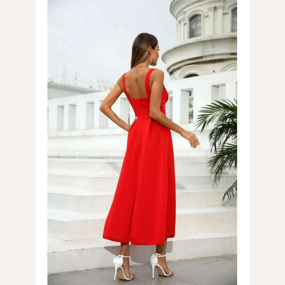 KIMLUD, Women's Formal Wrap Red Midi Dress V Neck Sleeveless Summer Ladies Elegant Sexy Strap Evening Cocktail Party Gown Ceremony Dress, KIMLUD Womens Clothes