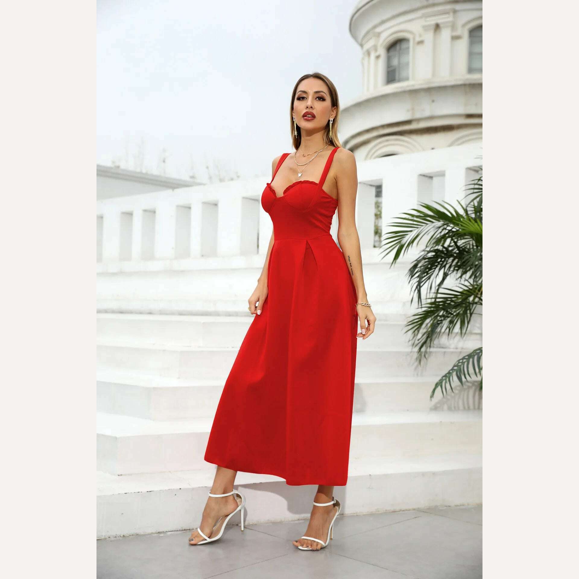 KIMLUD, Women's Formal Wrap Red Midi Dress V Neck Sleeveless Summer Ladies Elegant Sexy Strap Evening Cocktail Party Gown Ceremony Dress, Red / M, KIMLUD APPAREL - Womens Clothes