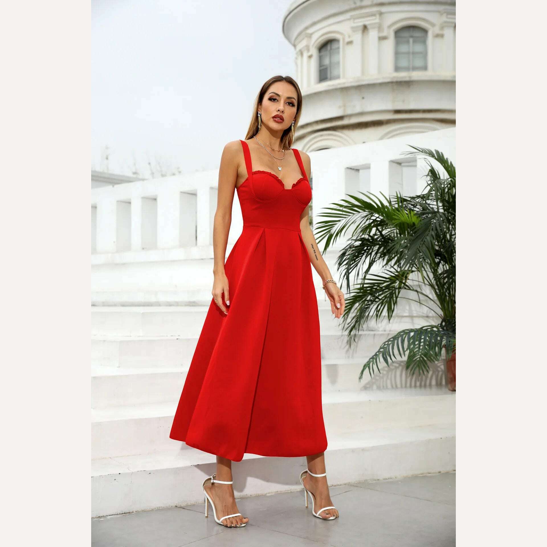 KIMLUD, Women's Formal Wrap Red Midi Dress V Neck Sleeveless Summer Ladies Elegant Sexy Strap Evening Cocktail Party Gown Ceremony Dress, KIMLUD Womens Clothes