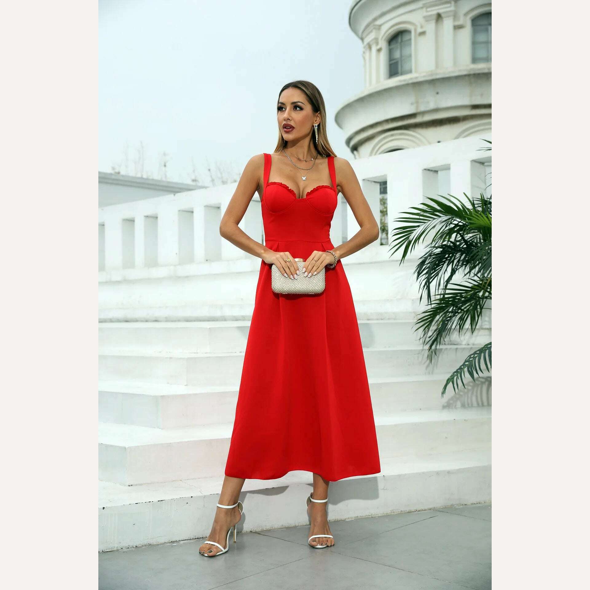 KIMLUD, Women's Formal Wrap Red Midi Dress V Neck Sleeveless Summer Ladies Elegant Sexy Strap Evening Cocktail Party Gown Ceremony Dress, KIMLUD Womens Clothes
