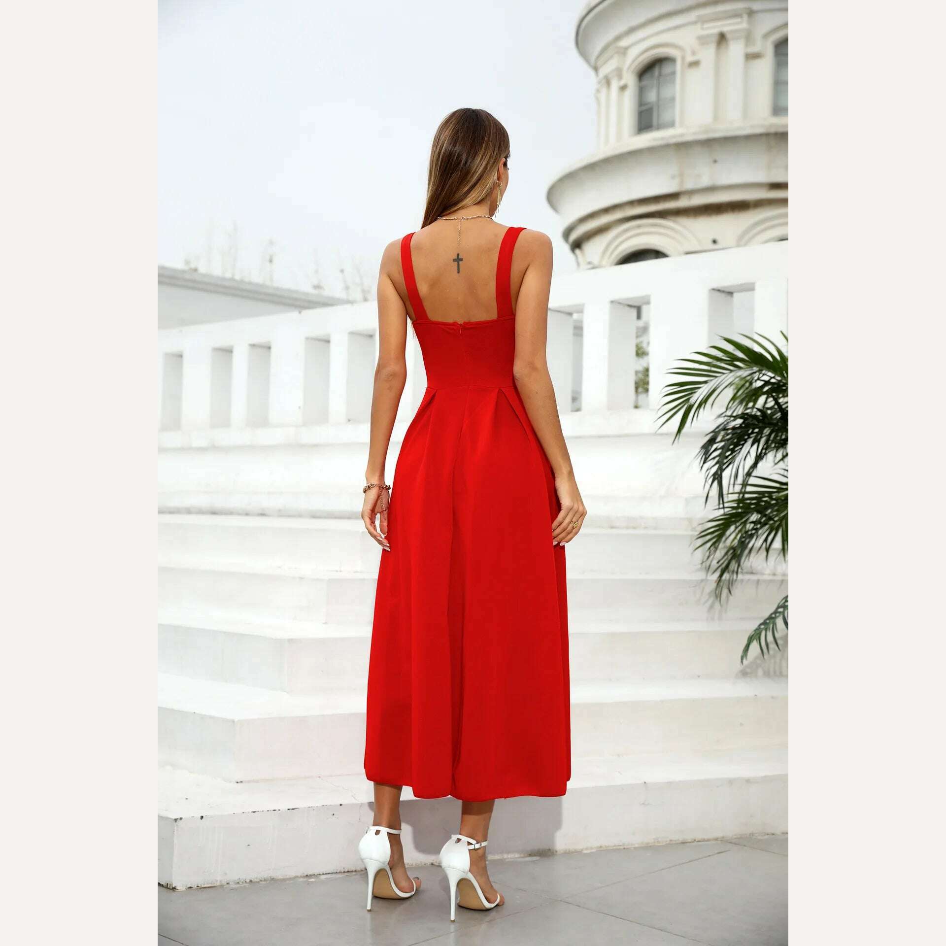 KIMLUD, Women's Formal Wrap Red Midi Dress V Neck Sleeveless Summer Ladies Elegant Sexy Strap Evening Cocktail Party Gown Ceremony Dress, KIMLUD Womens Clothes