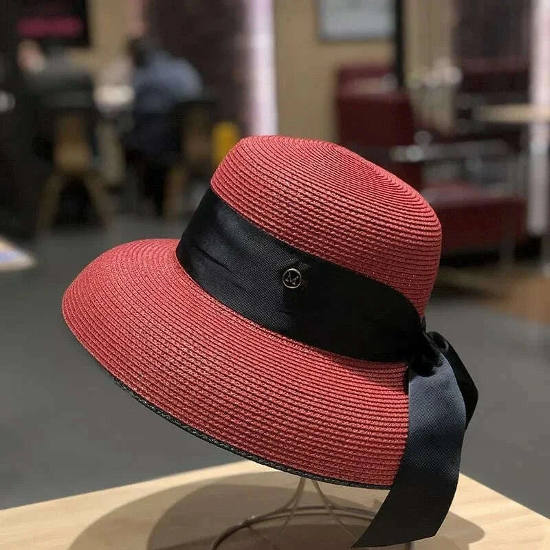 Women's French Retro Straw Sun Hat with Bow Detail - Hepburn Style Elegant Wide Brim UPF 50+ Sun Protection for Beach Vacation