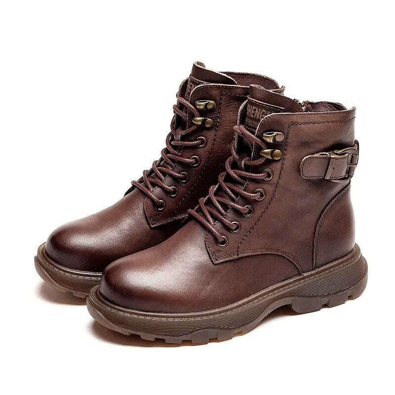 KIMLUD, Women's Genuine Leather Ankle Boots Women Autumn Winter Lace Up Vintage Women Punk Boots Flat Ladies Shoes Woman Botas Mujer, S16-2 Brown / 5, KIMLUD APPAREL - Womens Clothes