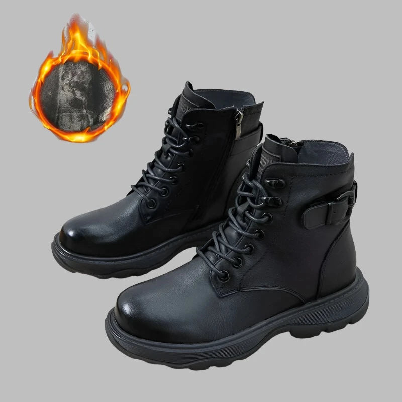 KIMLUD, Women's Genuine Leather Ankle Boots Women Autumn Winter Lace Up Vintage Women Punk Boots Flat Ladies Shoes Woman Botas Mujer, S16-2 winter black / 5, KIMLUD APPAREL - Womens Clothes