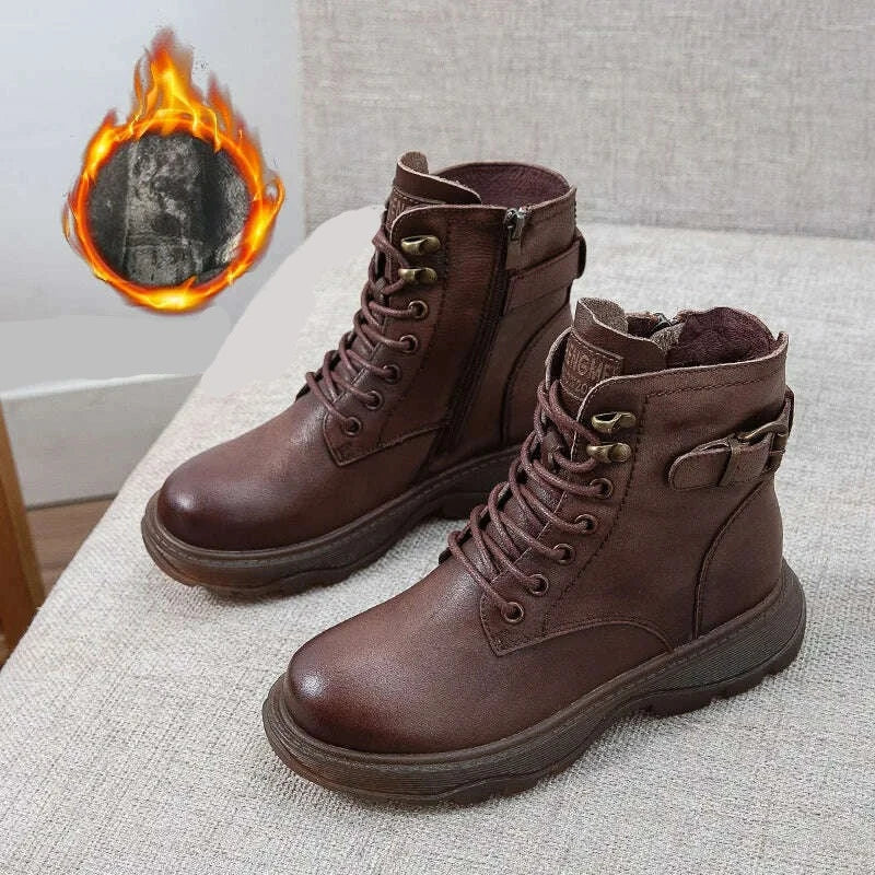 KIMLUD, Women's Genuine Leather Ankle Boots Women Autumn Winter Lace Up Vintage Women Punk Boots Flat Ladies Shoes Woman Botas Mujer, S16-2 winter brown / 5, KIMLUD APPAREL - Womens Clothes