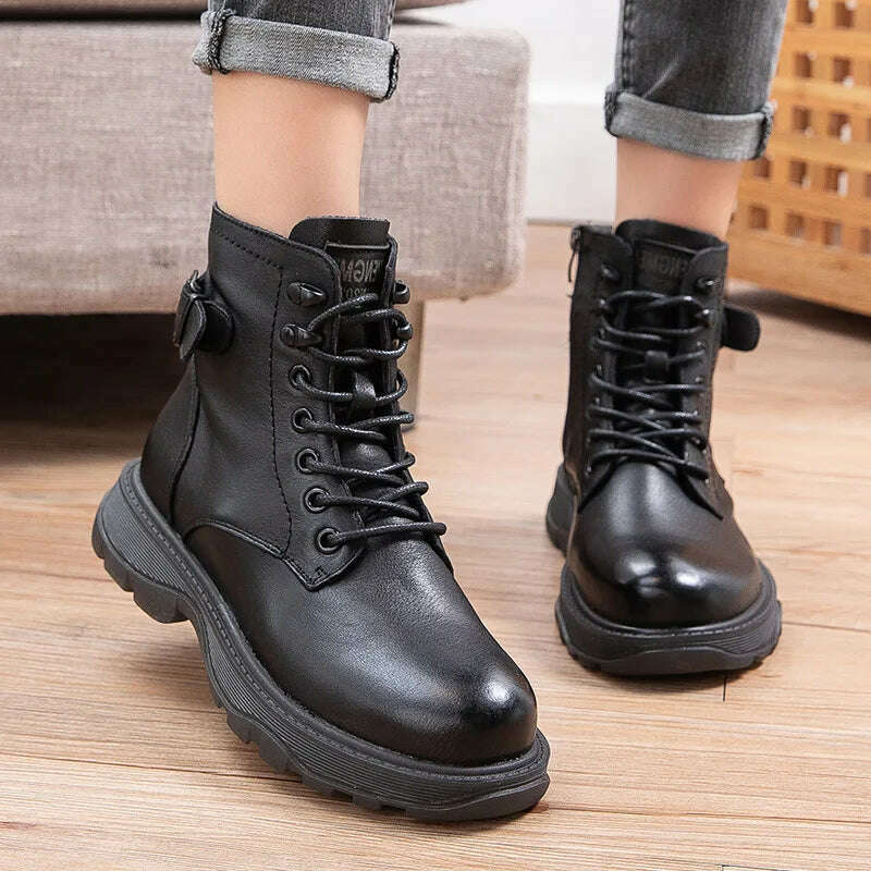 KIMLUD, Women's Genuine Leather Ankle Boots Women Autumn Winter Lace Up Vintage Women Punk Boots Flat Ladies Shoes Woman Botas Mujer, KIMLUD Womens Clothes