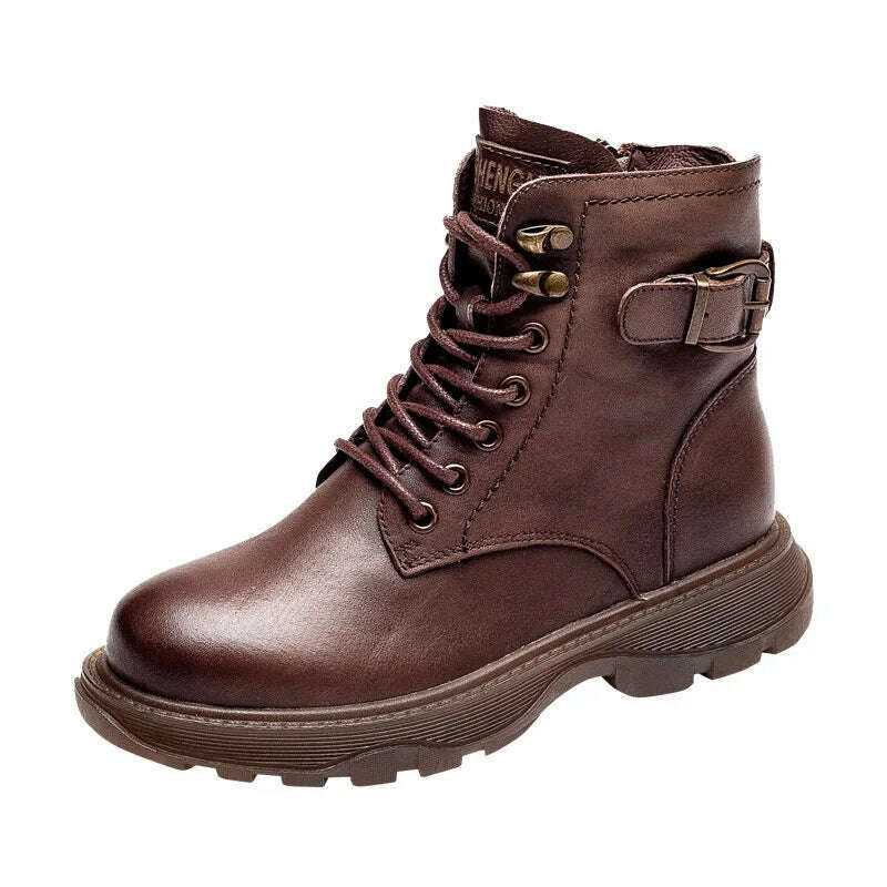 KIMLUD, Women's Genuine Leather Ankle Boots Women Autumn Winter Lace Up Vintage Women Punk Boots Flat Ladies Shoes Woman Botas Mujer, KIMLUD Womens Clothes