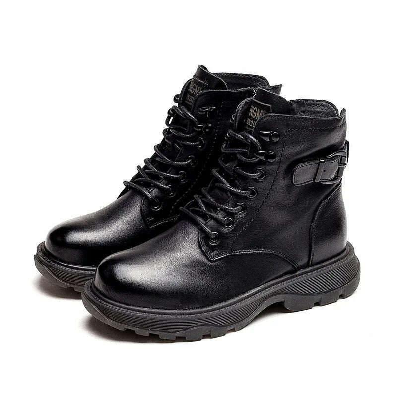 KIMLUD, Women's Genuine Leather Ankle Boots Women Autumn Winter Lace Up Vintage Women Punk Boots Flat Ladies Shoes Woman Botas Mujer, KIMLUD Womens Clothes
