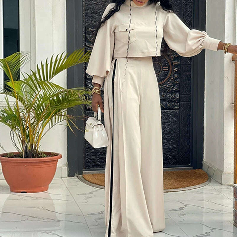 KIMLUD, Women's Half High Collar Lantern Sleeve Top + Wide Leg Pants 2 Piece Set 2023 New Fashion Ruched Commuting Suits Casual Outfits, KIMLUD Womens Clothes