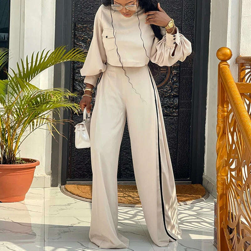 KIMLUD, Women's Half High Collar Lantern Sleeve Top + Wide Leg Pants 2 Piece Set 2023 New Fashion Ruched Commuting Suits Casual Outfits, KIMLUD Womens Clothes