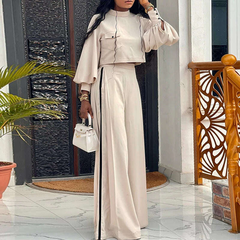 KIMLUD, Women's Half High Collar Lantern Sleeve Top + Wide Leg Pants 2 Piece Set 2023 New Fashion Ruched Commuting Suits Casual Outfits, 01 Apricot / S, KIMLUD APPAREL - Womens Clothes