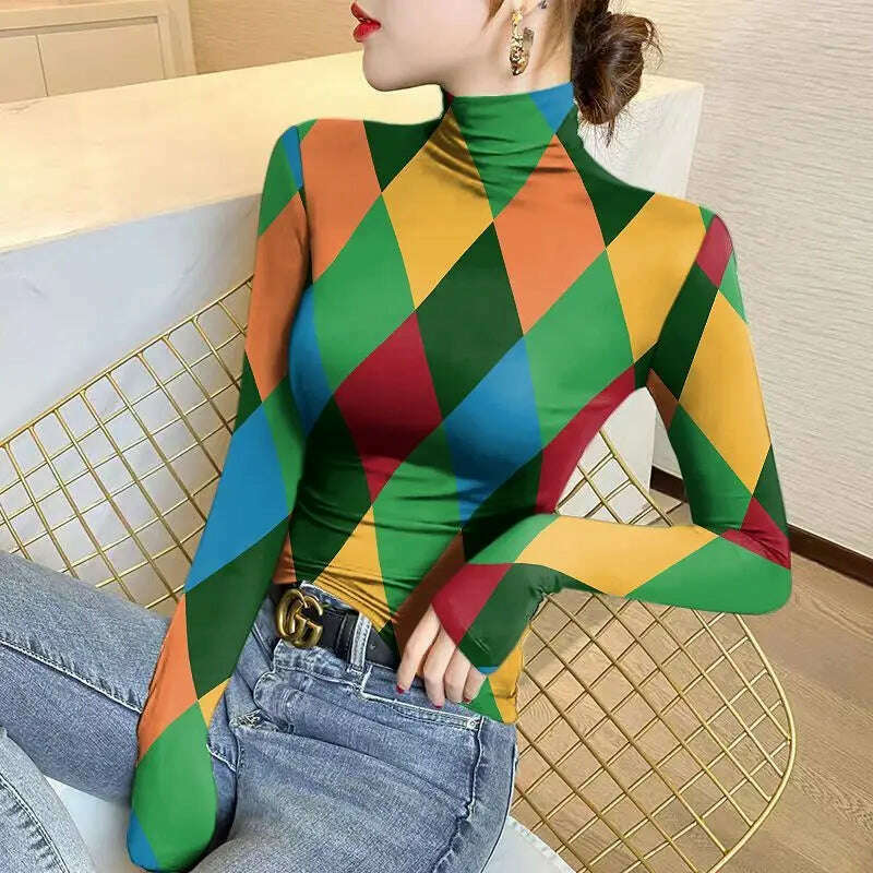 KIMLUD, Women's Half High Collar Pullover Plaid Bottom Shirt 2023 Autumn and Winter New Printing Long Sleeved T-shirt Fashion Slim Tops, Yellow-green 857 53 / M(30-40)kg, KIMLUD Womens Clothes