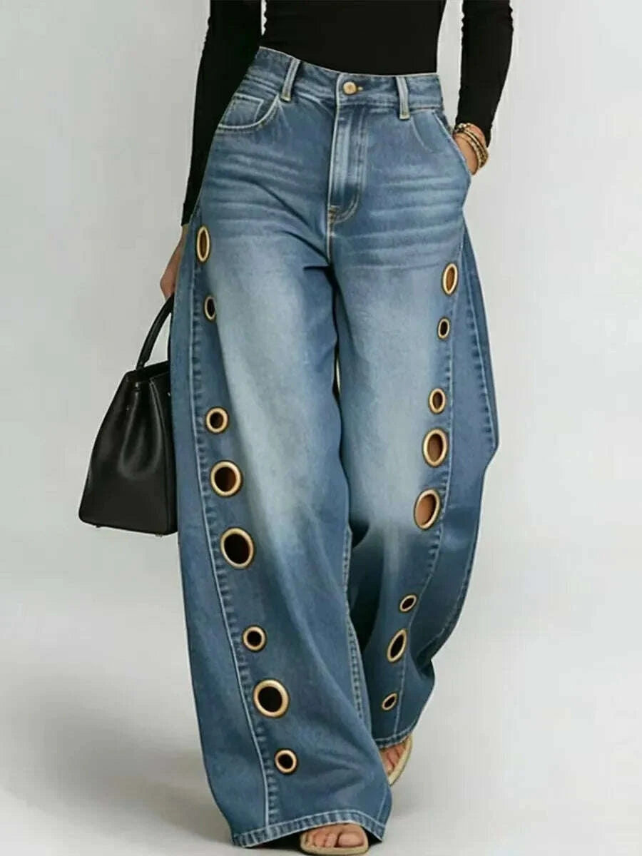 Women's High Waist Straight Leg Jeans Metal Ring Hollow Denim Pants Baggy Autumn Casual Long Jeans with Pockets Street Style