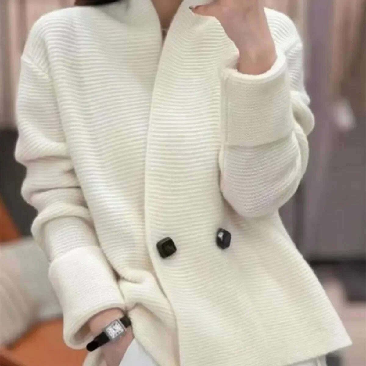 Women's Loose and Lazy Style Mid-length Sweater, Casual Coats, Simple Knit Cardigan, Korean Style, Spring, Autumn - KIMLUD
