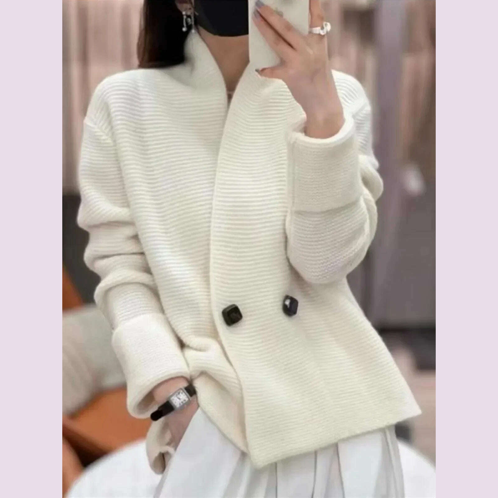 Women's Loose and Lazy Style Mid-length Sweater, Casual Coats, Simple Knit Cardigan, Korean Style, Spring, Autumn - KIMLUD