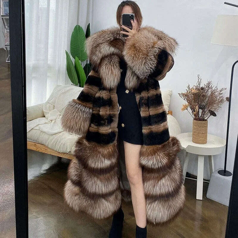 KIMLUD, Womens Luxury Real Rex Rabbit Fur Coat Fashion Genuine Fox Fur Thick Collar Overcoat Female Winter Natural Fur Warm Outwear, KIMLUD Womens Clothes