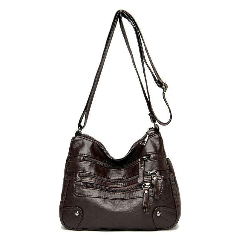 KIMLUD, Women's Multi Zipper Shoulder Bag, Versatile Solid Color Faux Leather Crossbody Bag, Dark Brown, KIMLUD APPAREL - Womens Clothes