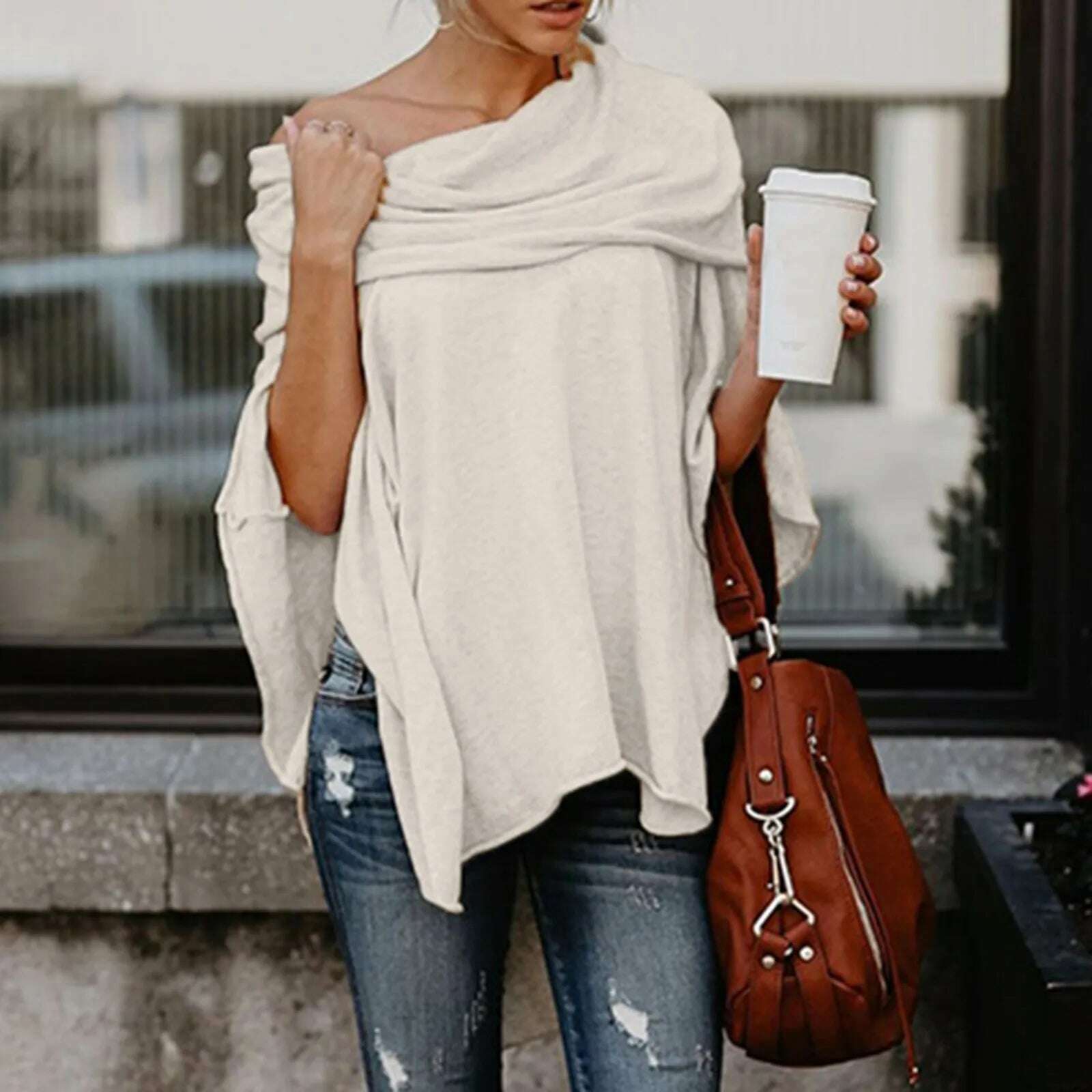 KIMLUD, Womens Off Shoulder Irregular Tops Sexy Long Sleeve Loose Daily Casual Long Shirts Elegant Female Summer Spring Pullover Blouse, KIMLUD Womens Clothes