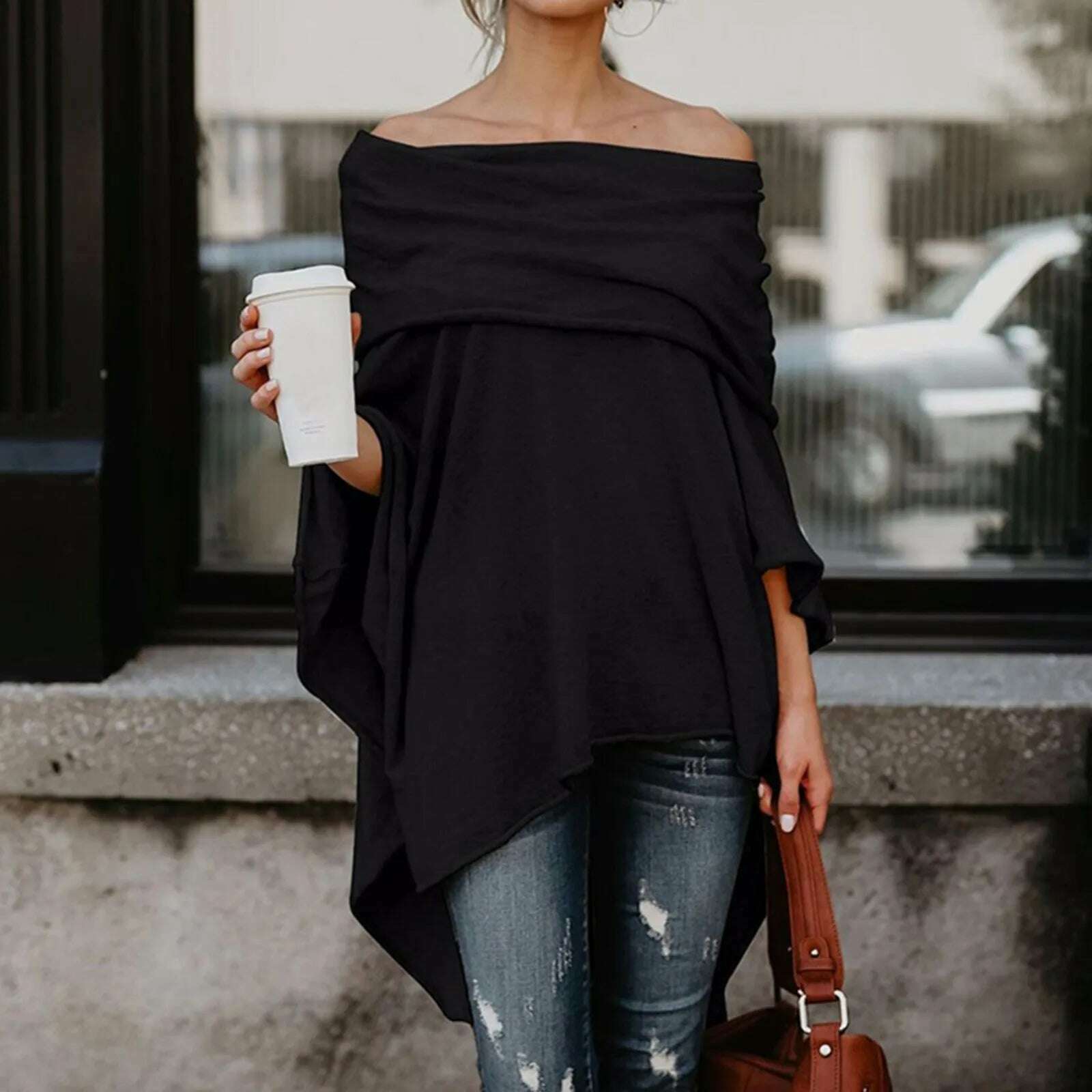 KIMLUD, Womens Off Shoulder Irregular Tops Sexy Long Sleeve Loose Daily Casual Long Shirts Elegant Female Summer Spring Pullover Blouse, Black / XL / CHINA, KIMLUD Womens Clothes