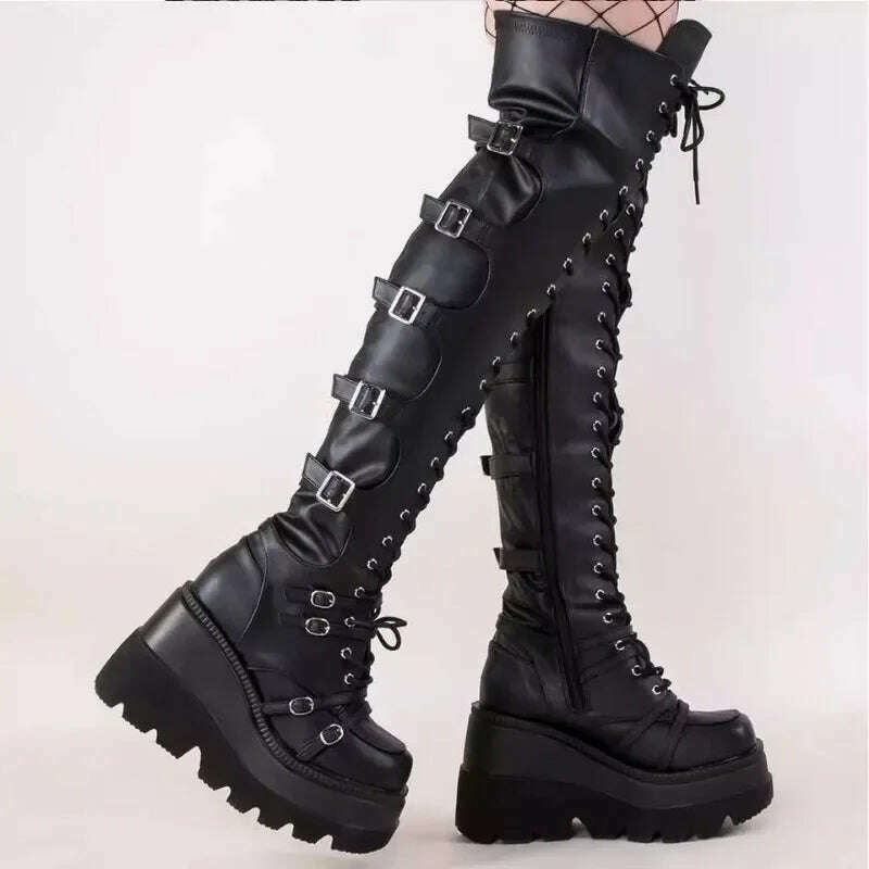KIMLUD, Women's Over The Knee Black Boots Lace Up Chunky Boots Platform Round Toe Wedge Heeled Long Botas Punk Style Shoe Women Footwear, KIMLUD Womens Clothes